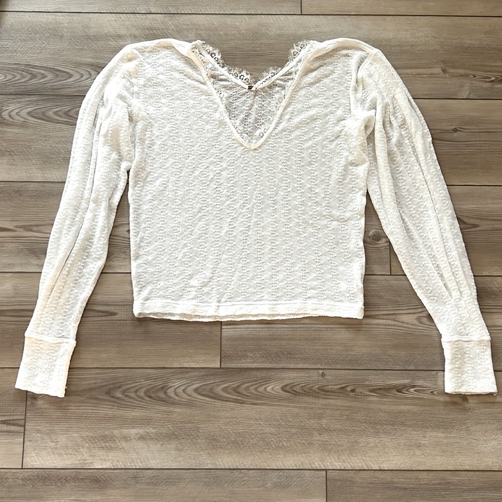 Free People Lace V-Neck Balloon Sleeve Sweater